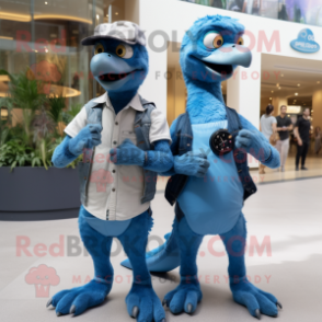 Blue Deinonychus mascot costume character dressed with a Boyfriend Jeans and Smartwatches