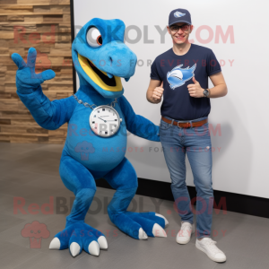 Blue Deinonychus mascot costume character dressed with a Boyfriend Jeans and Smartwatches