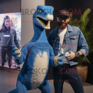 Blue Deinonychus mascot costume character dressed with a Boyfriend Jeans and Smartwatches