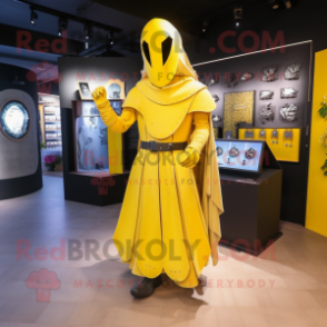 Yellow Medieval Knight mascot costume character dressed with a Skirt and Shawl pins