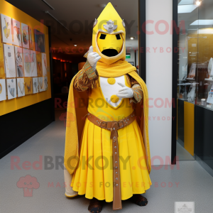 Yellow Medieval Knight mascot costume character dressed with a Skirt and Shawl pins