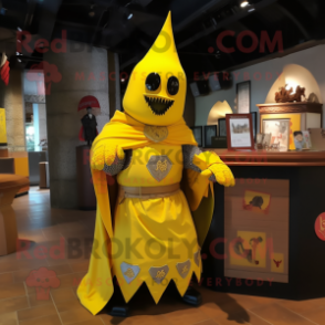 Yellow Medieval Knight mascot costume character dressed with a Skirt and Shawl pins