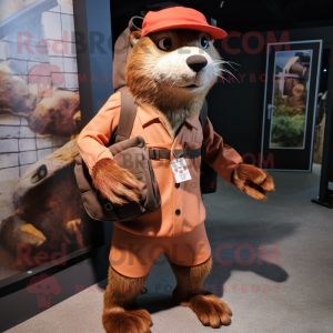 Rust Otter mascot costume character dressed with a Trousers and Backpacks
