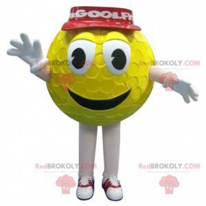 Mascotte de balle de golf jaune avec une casquette rouge -