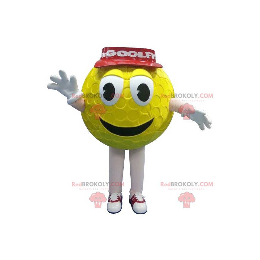 Mascote da bola de golfe amarela com boné vermelho -