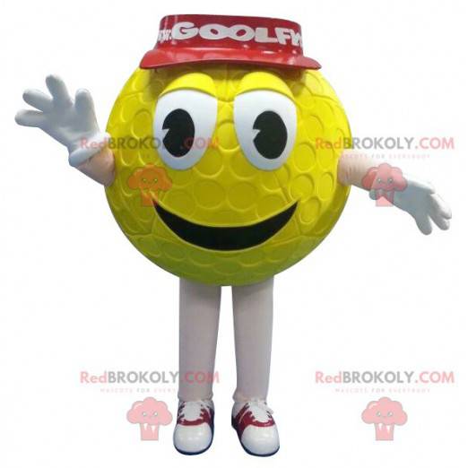 Mascota de pelota de golf amarilla con gorra roja -
