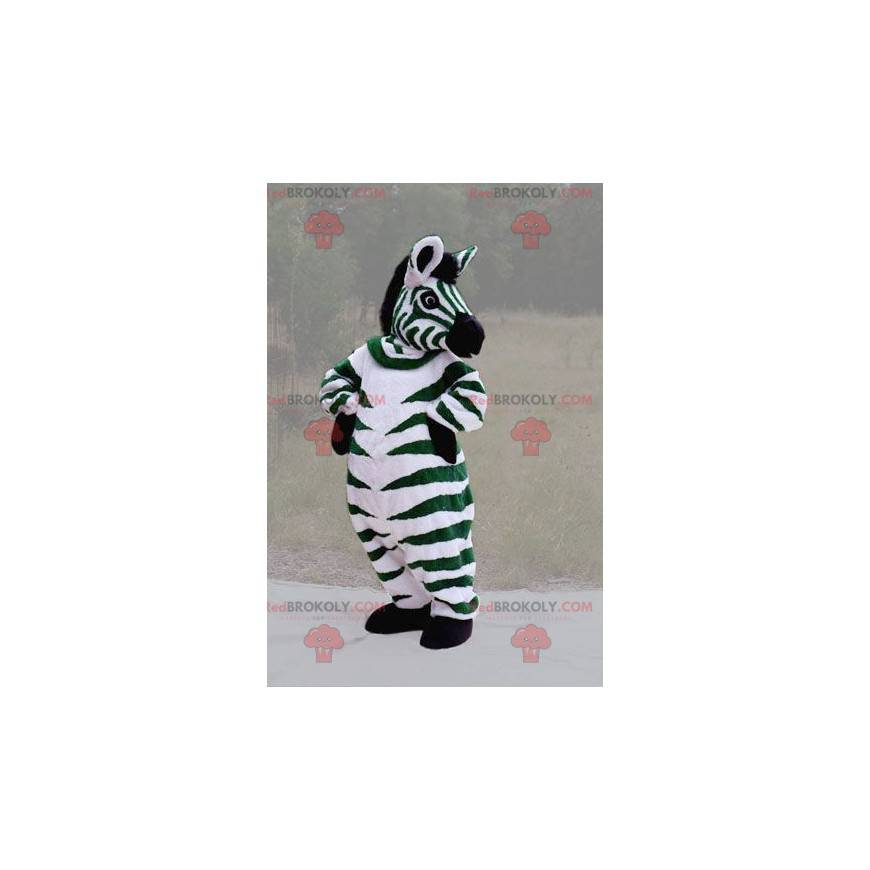 Mascote zebra gigante preto e branco verde - Redbrokoly.com