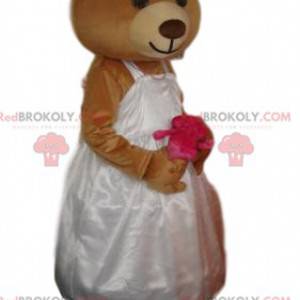 Brun björnmaskot med en bröllopsklänning - Redbrokoly.com
