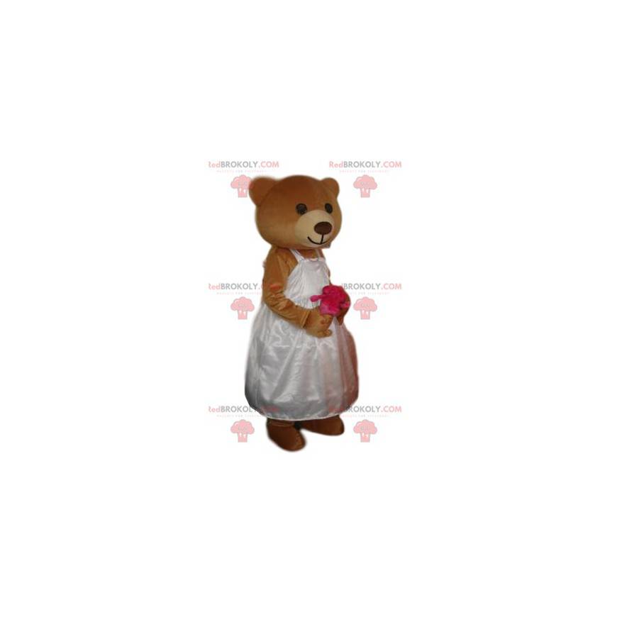 Bruine beer mascotte met een trouwjurk - Redbrokoly.com