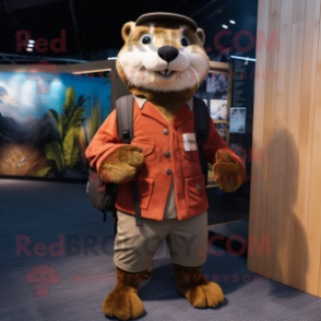 Rust Otter mascot costume character dressed with a Trousers and Backpacks