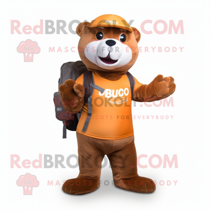 Rust Otter mascot costume character dressed with a Trousers and Backpacks