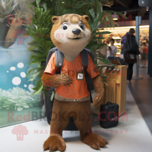 Rust Otter mascot costume character dressed with a Trousers and Backpacks