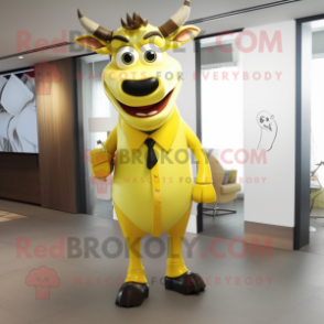 Yellow Zebu mascot costume character dressed with a T-Shirt and Tie pins