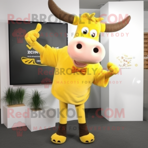 Yellow Zebu mascot costume character dressed with a T-Shirt and Tie pins