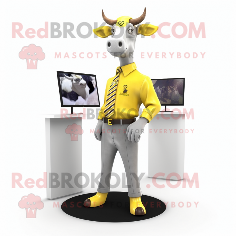 Yellow Zebu mascot costume character dressed with a T-Shirt and Tie pins Yellow Zebu mascot costume character dressed with a T-Shirt and Tie pins