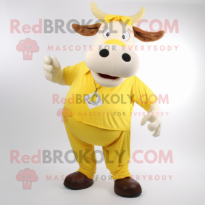Yellow Zebu mascot costume character dressed with a T-Shirt and Tie pins
