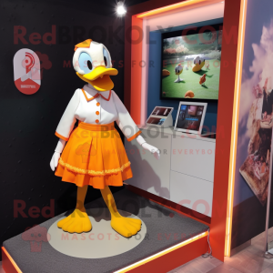 Orange Muscovy Duck mascot costume character dressed with a Mini Skirt and Brooches