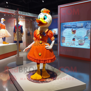 Orange Muscovy Duck mascot costume character dressed with a Mini Skirt and Brooches