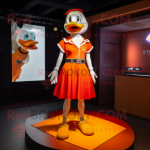 Orange Muscovy Duck mascot costume character dressed with a Mini Skirt and Brooches