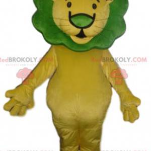 Gelbes Löwenmaskottchen mit einer grünen Mähne - Redbrokoly.com