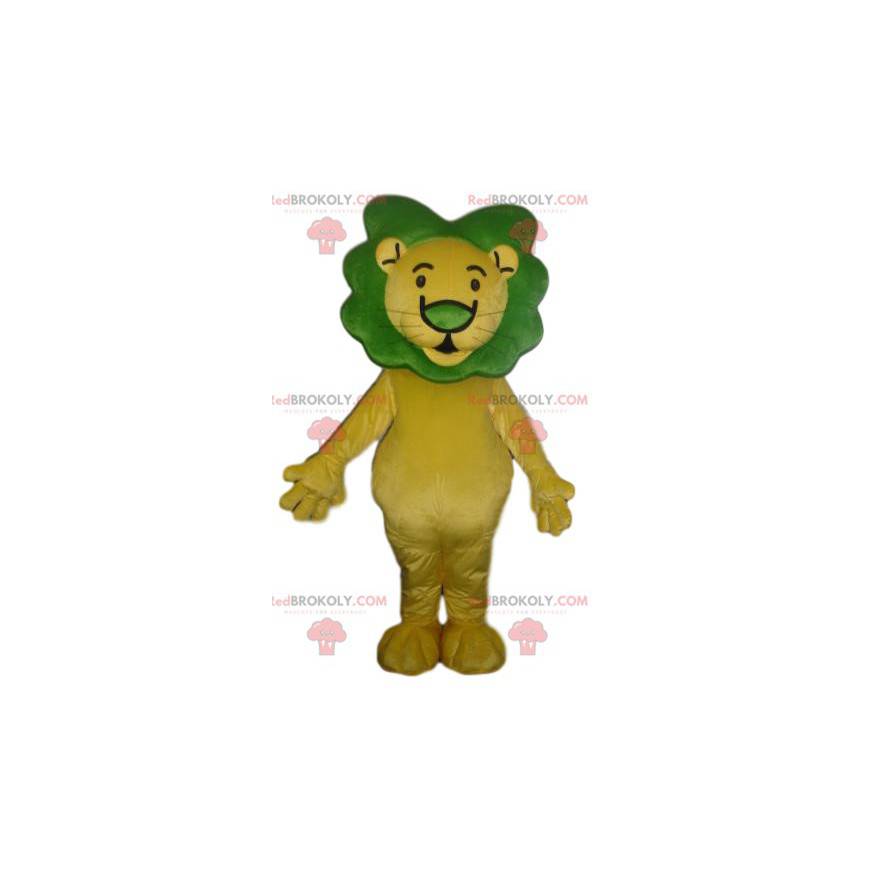 Gelbes Löwenmaskottchen mit einer grünen Mähne - Redbrokoly.com
