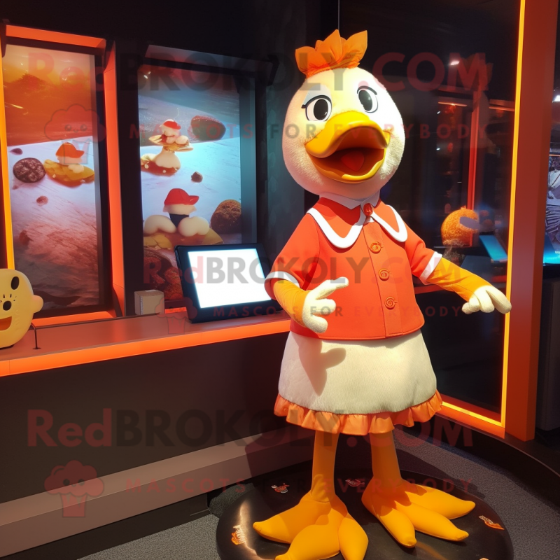 Orange Muscovy Duck mascot costume character dressed with a Mini Skirt and Brooches