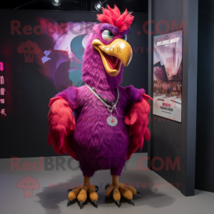 Magenta Roosters mascot costume character dressed with a V-Neck Tee and Necklaces