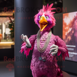 Magenta Roosters mascot costume character dressed with a V-Neck Tee and Necklaces