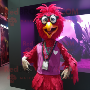 Magenta Roosters mascot costume character dressed with a V-Neck Tee and Necklaces