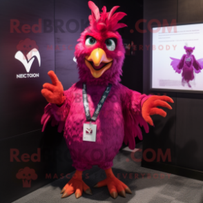 Magenta Roosters mascot costume character dressed with a V-Neck Tee and Necklaces