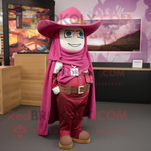 Magenta Cowboy mascot costume character dressed with a Vest and Wraps