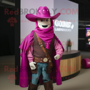 Magenta Cowboy mascot costume character dressed with a Vest and Wraps