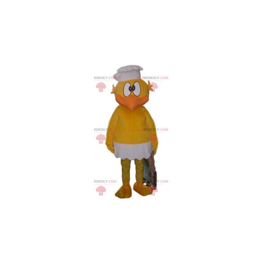 Mascota pollito amarillo muy divertido con un sombrero blanco -