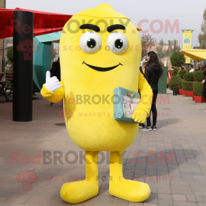 Lemon Yellow Falafel mascot costume character dressed with a Skinny Jeans and Wallets
