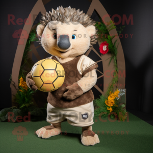 Tan Pangolin mascot costume character dressed with a Rugby Shirt and Hair clips