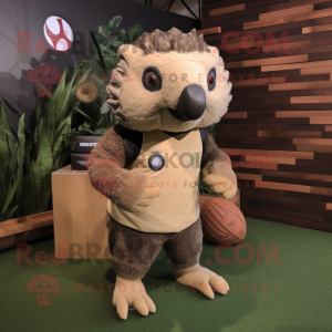 Tan Pangolin mascot costume character dressed with a Rugby Shirt and Hair clips