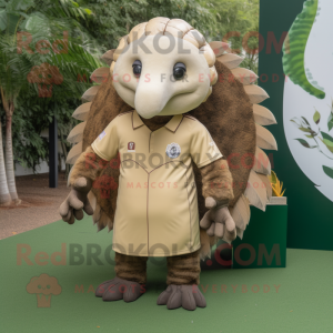 Tan Pangolin mascot costume character dressed with a Rugby Shirt and Hair clips