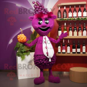 Magenta Grape mascot costume character dressed with a Cocktail Dress and Brooches