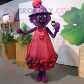 Magenta Grape mascot costume character dressed with a Cocktail Dress and Brooches