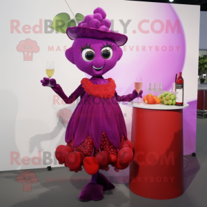 Magenta Grape mascot costume character dressed with a Cocktail Dress and Brooches
