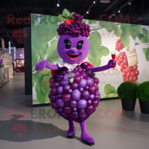 Magenta Grape mascot costume character dressed with a Cocktail Dress and Brooches