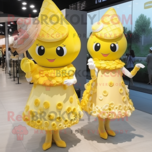 Lemon Yellow Ice Cream Cone mascot costume character dressed with a Wrap Dress and Hairpins