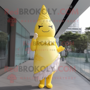 Lemon Yellow Ice Cream Cone mascot costume character dressed with a Wrap Dress and Hairpins