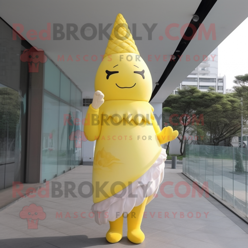 Lemon Yellow Ice Cream Cone mascot costume character dressed with a Wrap Dress and Hairpins