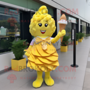 Lemon Yellow Ice Cream Cone mascot costume character dressed with a Wrap Dress and Hairpins