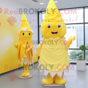 Lemon Yellow Ice Cream Cone mascot costume character dressed with a Wrap Dress and Hairpins
