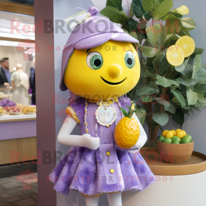 Lavender Lemon mascot costume character dressed with a Mini Dress and Necklaces Lavender Lemon mascot costume character dressed with a Mini Dress and Necklaces