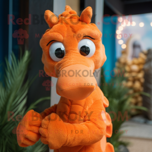 Orange Seahorse mascot costume character dressed with a Sweater and Earrings