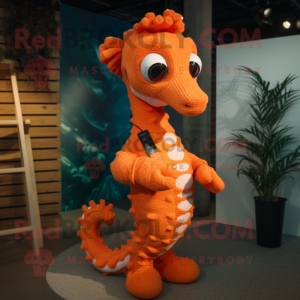 Orange Seahorse mascot costume character dressed with a Sweater and Earrings