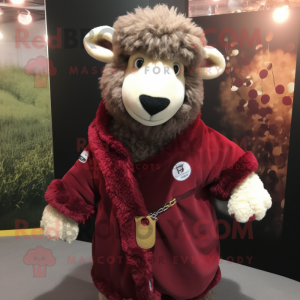 Maroon Suffolk Sheep mascot costume character dressed with a Coat and Bracelets